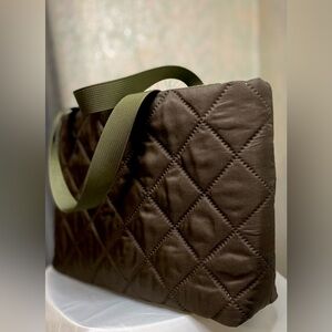 Upcycled Quilted Brown Tote Bag with Green Straps